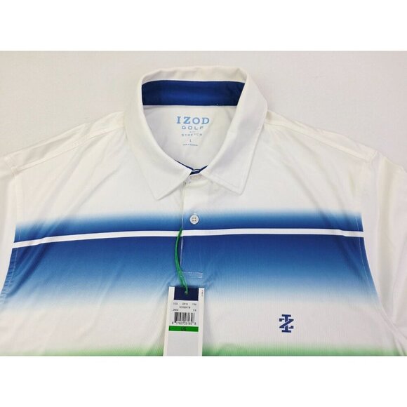 Izod Golf Stretch Size Large Mens White Green Blue Colorblock UPF-15 Polo NWT - Picture 11 of 11